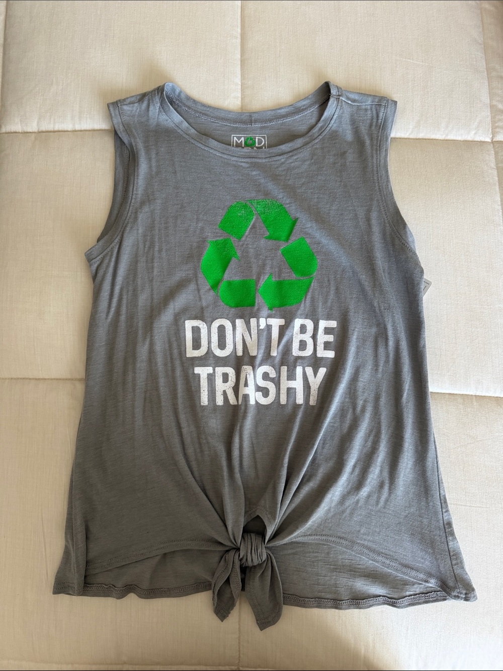 NWT Gray Tie-Front Tank with Green Recycle Graphic - DON'T BE TRASHY